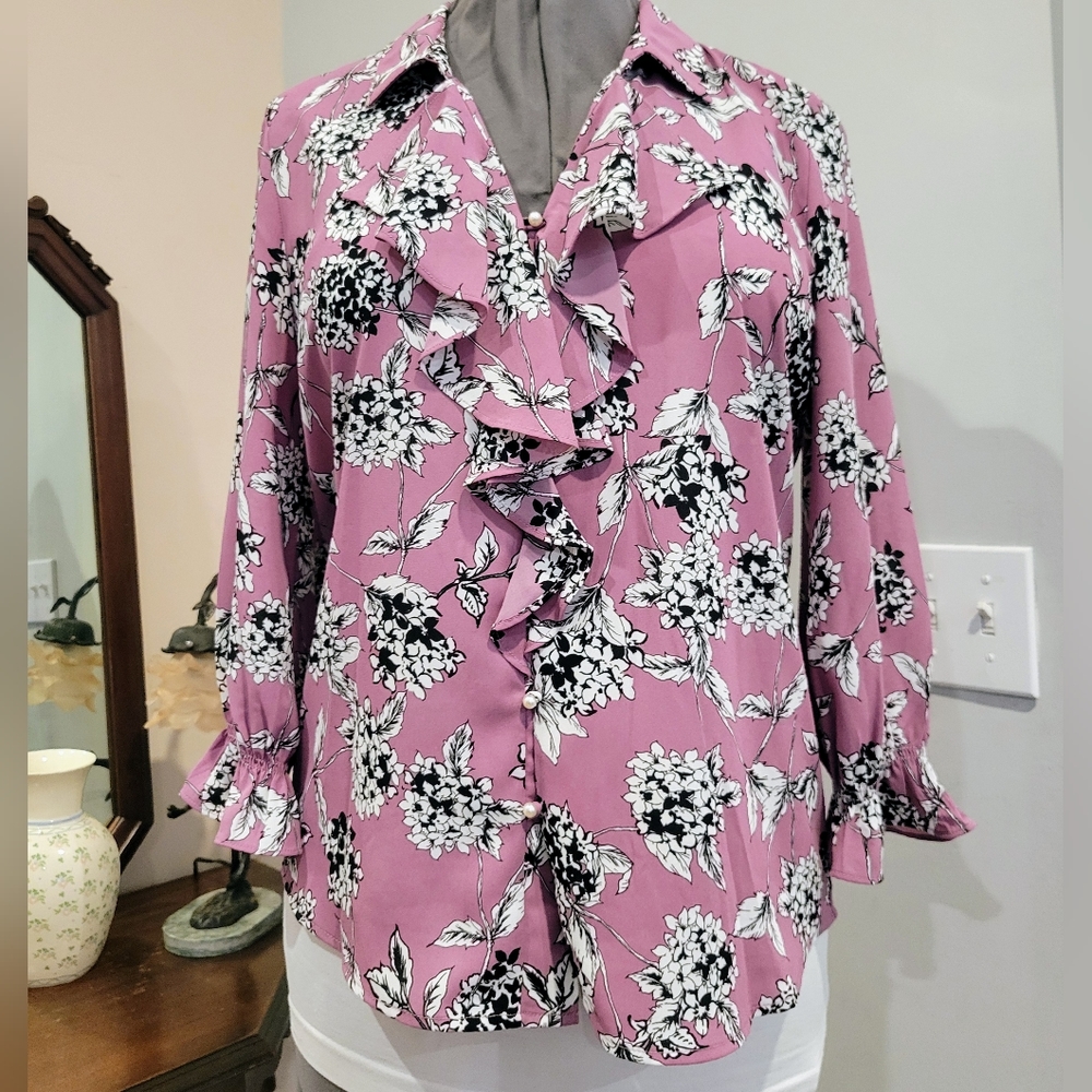 Karl Lagerfeld Pink Floral Ruffle Blouse